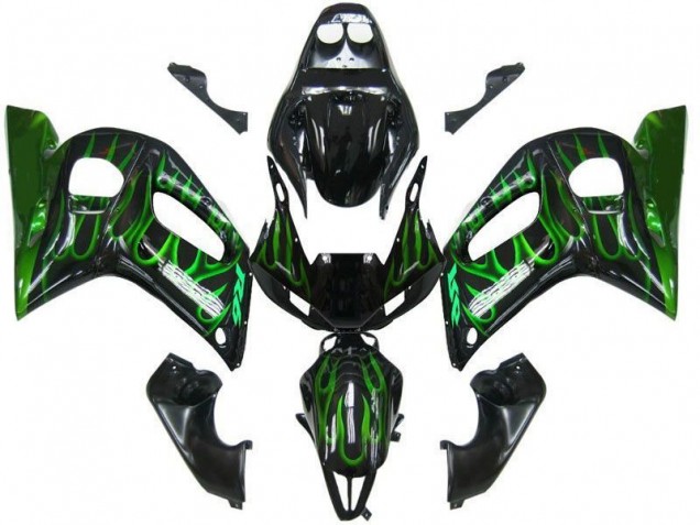 1998-2002 Yamaha YZF 600 R6 Motorcycle Fairings - Glossy Black Green Flame