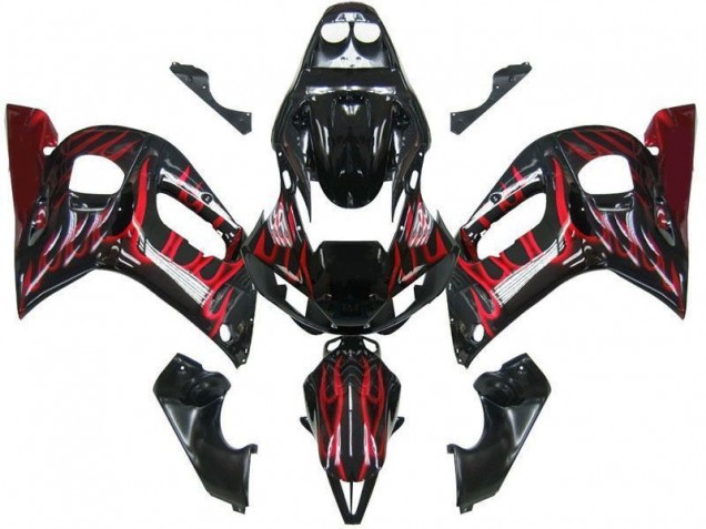 1998-2002 Yamaha YZF 600 R6 Motorcycle Fairings - Glossy Black Red Flame