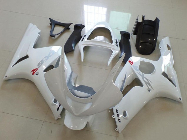 2003-2004 Kawasaki ZX6R Motorcycle Fairings - White with Silver Decals
