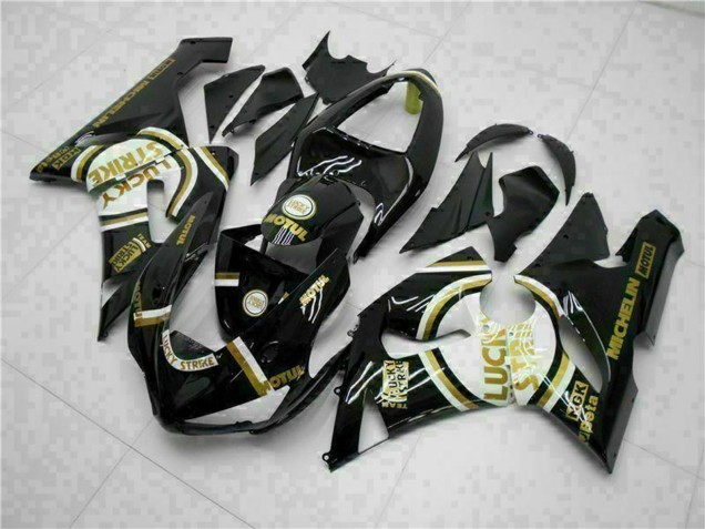 2005-2006 Kawasaki ZX6R Motorcycle Fairings - Glossy Black White Gold Lucky Strike