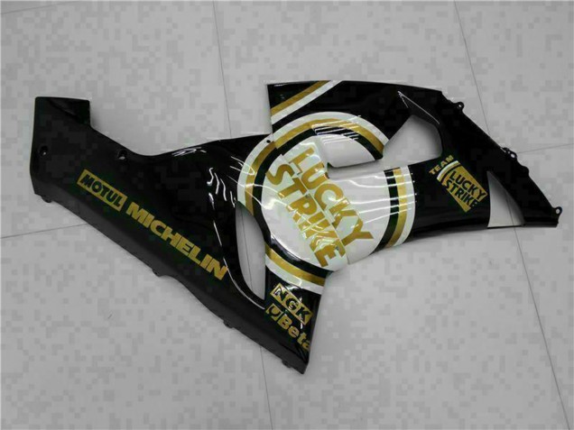 2005-2006 Kawasaki ZX6R Motorcycle Fairings - Glossy Black White Gold Lucky Strike