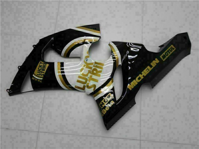 2005-2006 Kawasaki ZX6R Motorcycle Fairings - Glossy Black White Gold Lucky Strike