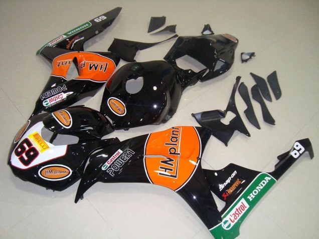 2006-2007 Honda CBR1000RR Motorcycle Fairings - Glossy Black Orange Green Hm Plant Racing 69