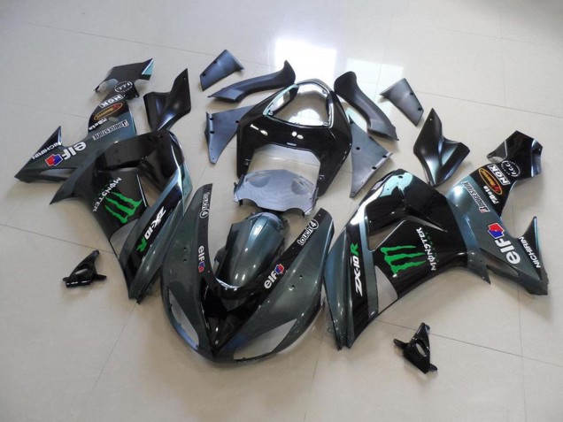 2006-2007 Kawasaki ZX10R Motorcycle Fairings - Glossy Black Matte Black Green Elf Touch4 Monster Energy