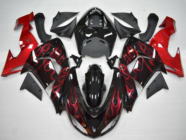 2006-2007 Kawasaki ZX10R Motorcycle Fairing - Glossy Black Red Flame