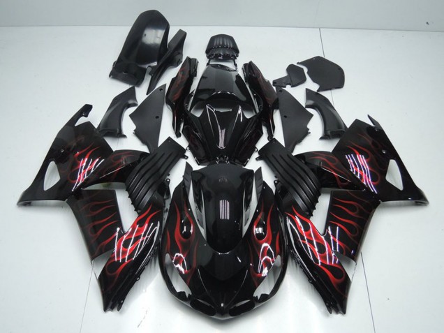 2006-2011 Kawasaki ZX14R ZZR1400 Motorcycle Fairings - Glossy Black Red Flame