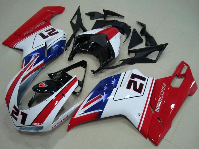 2007-2014 Ducati 1198 Motorcycle Fairings - White Red Blue Glossy Black 21