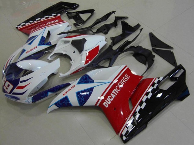 2007-2014 Ducati 848 Motorcycle Fairing - White Red Blue Glossy Black Corse 69