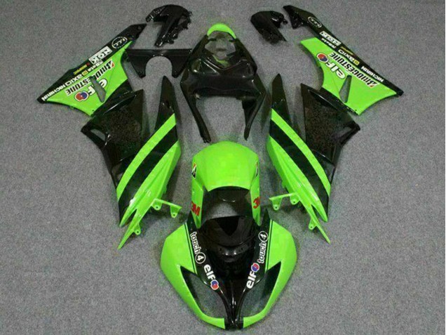 2009-2012 Kawasaki ZX6R Motorcycle Fairings - Green Glossy Black Elf Touch4 Bridgestone