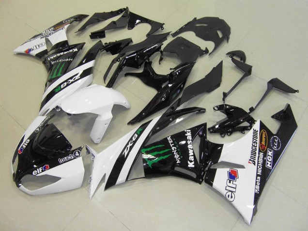 2009-2012 Kawasaki ZX6R Motorcycle Fairings - White Glossy Black Green Elf Touch4 Monster Bridgestone