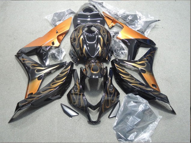 2007-2008 Honda CBR600RR Motorcycle Fairing - Glossy Black Orange Flame