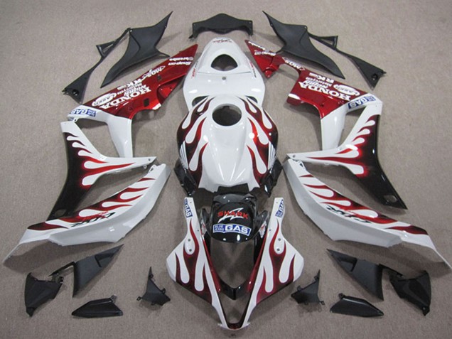 2007-2008 Honda CBR600RR Motorcycle Fairings - White Red Glossy Black Flame