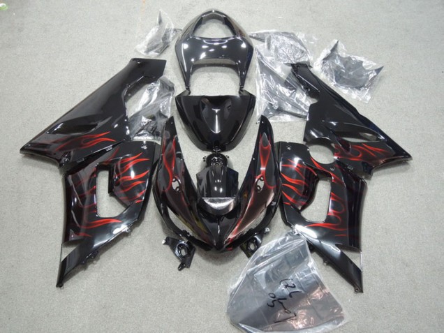 2005-2006 Kawasaki ZX6R Motorcycle Fairings - Glossy Black Red Flame