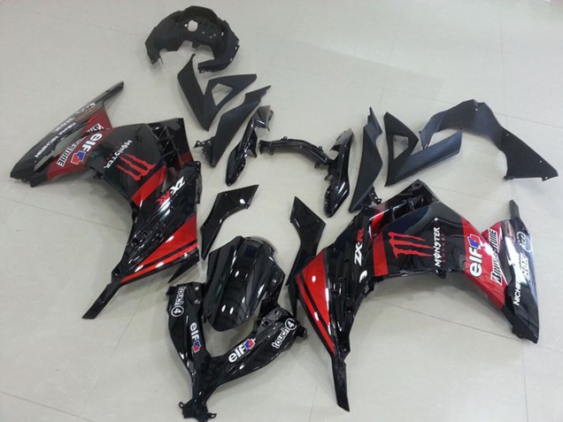 2013-2018 Kawasaki ZX300R Motorcycle Fairings - Glossy Black Red Elf Touch4 Monster