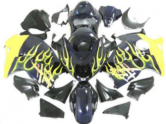 1996-2007 Suzuki GSXR 1300 Motorcycle Fairings - Glossy Black Yellow Flame