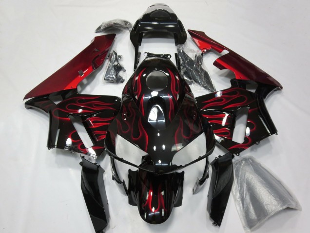 2003-2004 Honda CBR600RR Motorcycle Fairings - Glossy Black Red Flame