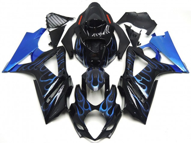 2007-2008 Suzuki GSXR 1000 Motorcycle Fairings - Glossy Black Blue Flame