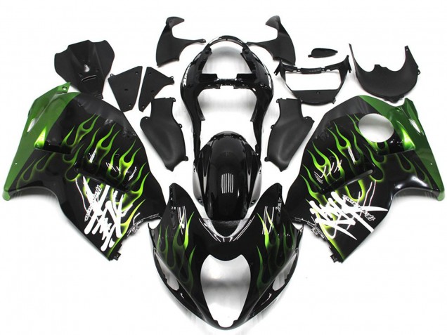 1996-2007 Suzuki GSXR 1300 Motorcycle Fairings - Glossy Black with Deep Green Flame