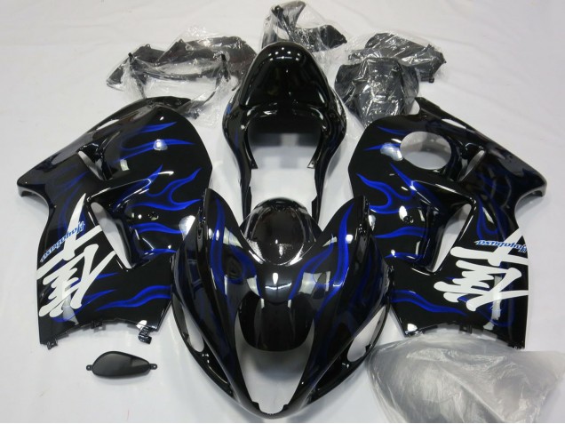 1996-2007 Suzuki GSXR 1300 Motorcycle Fairings - Glossy Black Blue Flame