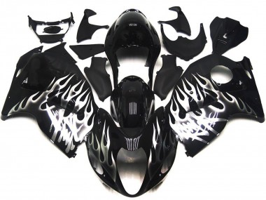 Cheap 1996-2007 Suzuki GSXR 1300 Motorcycle Fairings - Glossy Black with Silver Flame