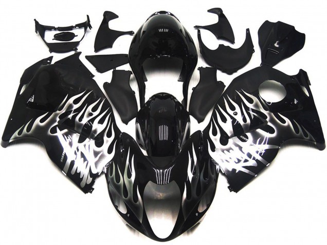 1996-2007 Suzuki GSXR 1300 Motorcycle Fairings - Glossy Black with Silver Flame