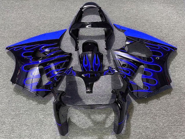 2000-2002 Kawasaki ZX6R Motorcycle Fairings - Glossy Black Blue Flame