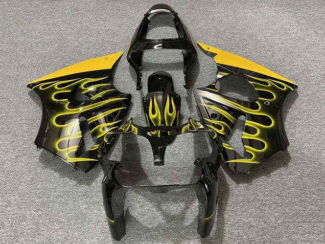 2000-2002 Kawasaki ZX6R Motorcycle Fairings - Glossy Black Yellow Flame