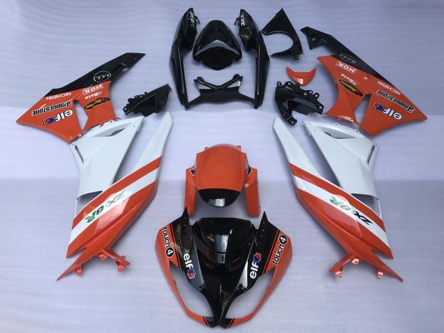2009-2012 Kawasaki ZX6R Motorcycle Fairings - Orange White Glossy Black Elf Touch4 Bridgestone
