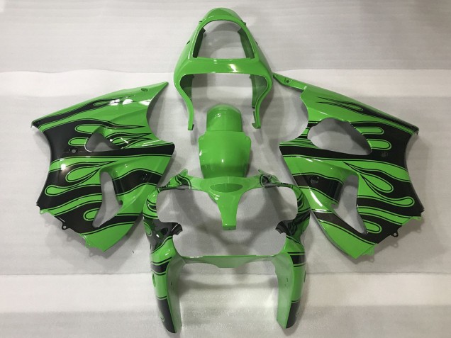 2000-2002 Kawasaki ZX6R Motorcycle Fairings - Green Black Flame