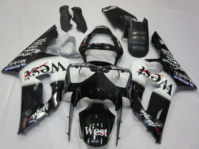 2003-2004 Kawasaki ZX6R Motorcycle Fairings - Glossy Black White West