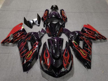 Cheap 2006-2011 Kawasaki ZX14R Motorcycle Fairings - Glossy Black Red Flame Gold Ninja