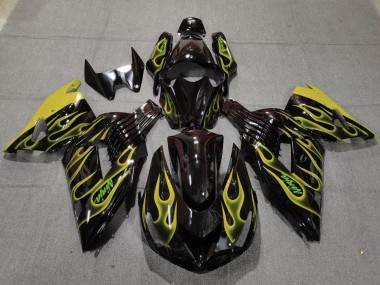 Cheap 2006-2011 Kawasaki ZX14R Motorcycle Fairings - Glossy Black Yellow Flame