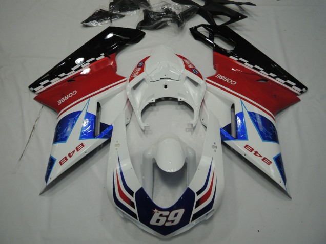 2007-2014 Ducati 848 Motorcycle Fairings - White Red Blue Glossy Black Corse 69