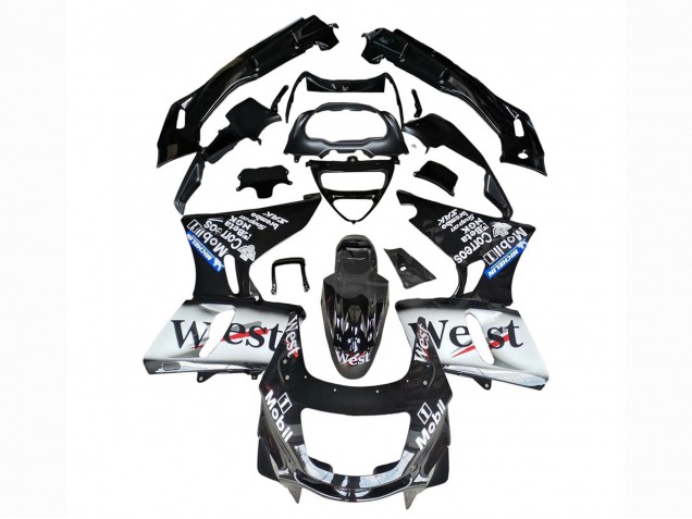 1998-2003 Kawasaki ZZR600 Motorcycle Fairings - Glossy Black White West