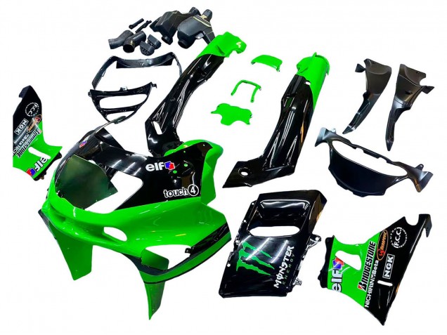 1993-2007 Kawasaki ZZR400 Motorcycle Fairings - Green Glossy Black Green Monster Elf Touch4 Bridgestone