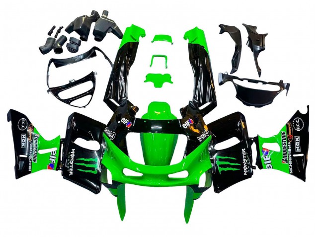 1993-2007 Kawasaki ZZR400 Motorcycle Fairings - Green Glossy Black Green Monster Elf Touch4 Bridgestone