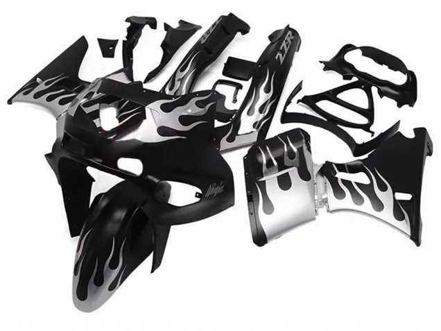 1993-2007 Kawasaki ZZR400 Motorcycle Fairings - Glossy Black Silver Flame