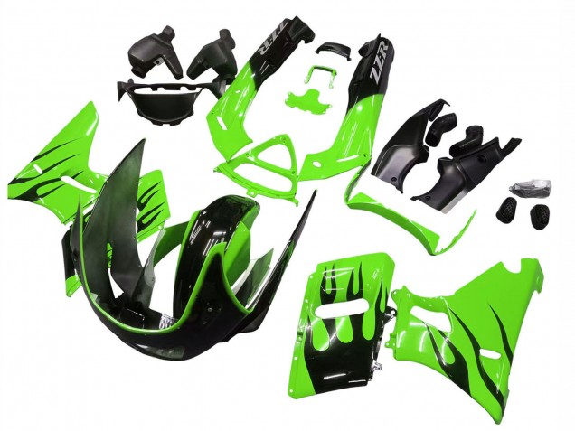 1993-2007 Kawasaki ZZR400 Motorcycle Fairings - Green Glossy Black Flame