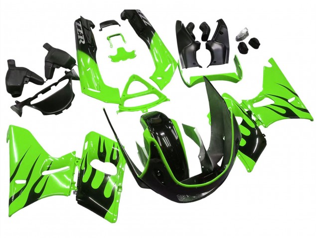 1993-2007 Kawasaki ZZR400 Motorcycle Fairings - Green Glossy Black Flame