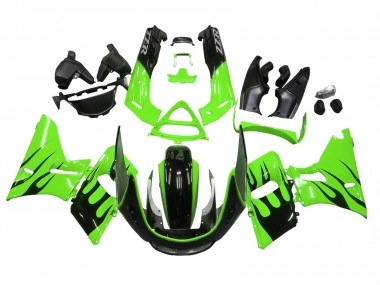 Cheap 1998-2003 Kawasaki ZZR600 Motorcycle Fairings - Green Glossy Black Flame