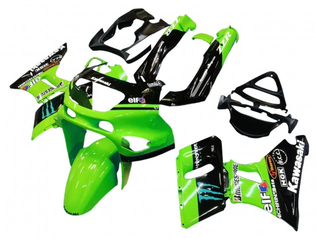 1993-2007 Kawasaki ZZR400 Motorcycle Fairings - Green Glossy Black Blue Monster Elf Touch4 Bridgestone