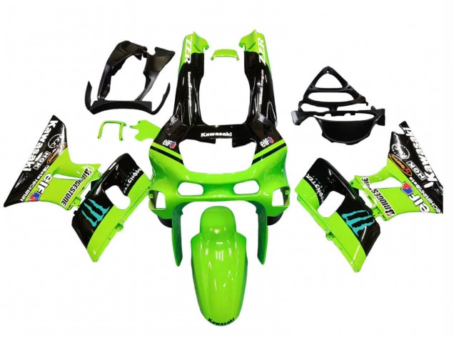 1993-2007 Kawasaki ZZR400 Motorcycle Fairings - Green Glossy Black Blue Monster Elf Touch4 Bridgestone