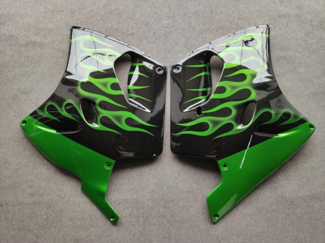 1993-2003 Kawasaki ZZR1100 Motorcycle Fairings - Glossy Black Green Flame