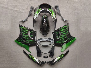 Cheap 1993-2003 Kawasaki ZZR1100 Motorcycle Fairings - Glossy Black Green Flame