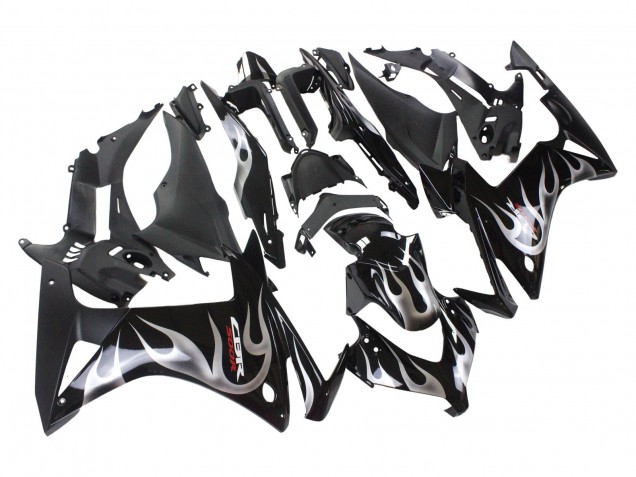 2013-2015 Honda CBR500R Motorcycle Fairings - Glossy Black Silver Flame