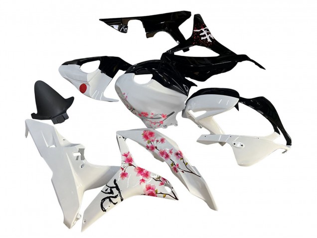 2007-2008 Honda CBR600RR Motorcycle Fairings - White Cherry Blossom Glossy Black Split