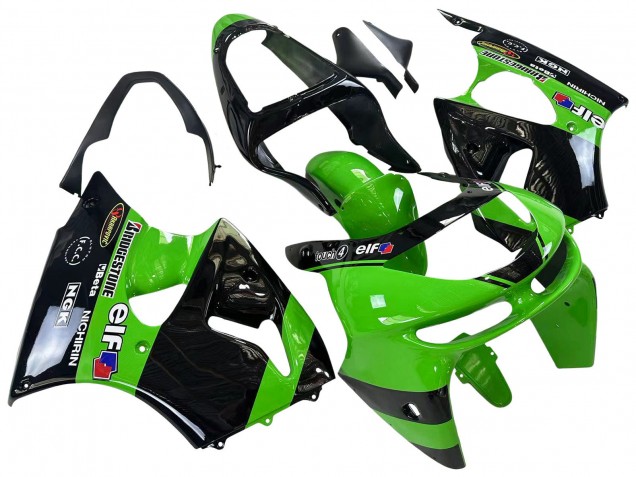 1998-1999 Kawasaki ZX6R Motorcycle Fairings - Green Glossy Black Elf Bridgestone