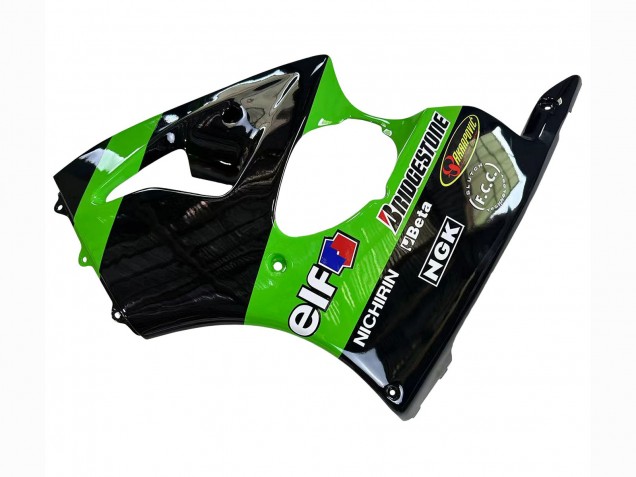 1998-1999 Kawasaki ZX6R Motorcycle Fairings - Green Glossy Black Elf Bridgestone