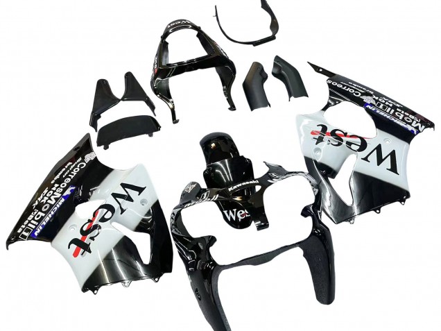 2000-2002 Kawasaki ZX6R Motorcycle Fairings - Glossy Black White West Michelin