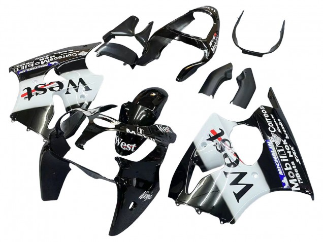 2000-2002 Kawasaki ZX6R Motorcycle Fairings - Glossy Black White West Michelin